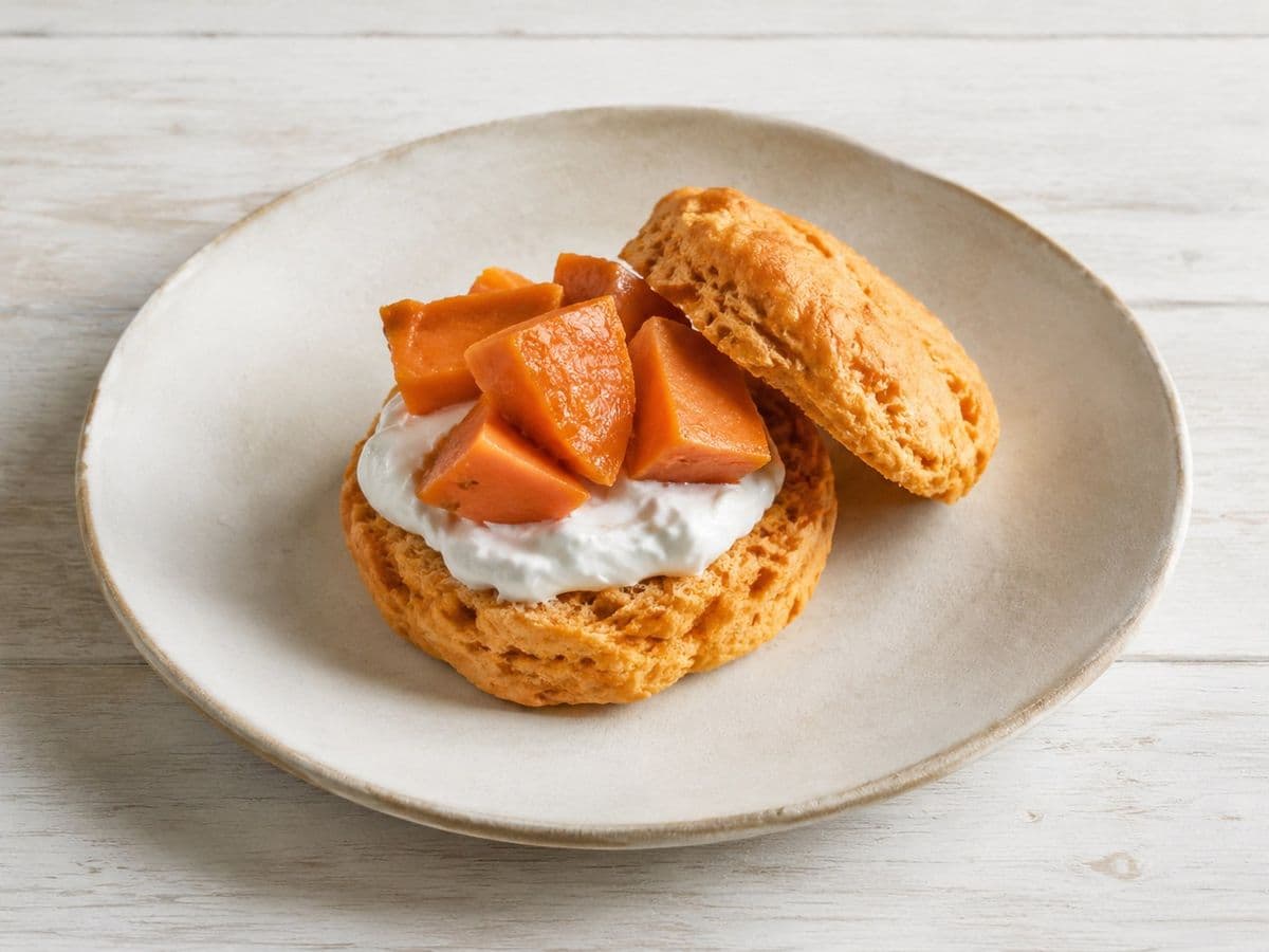 Sweet Potato Biscuits, plated as one serving.