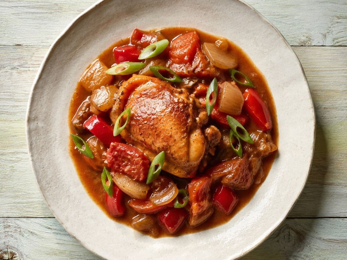 Brown Stew Chicken, plated as one serving.