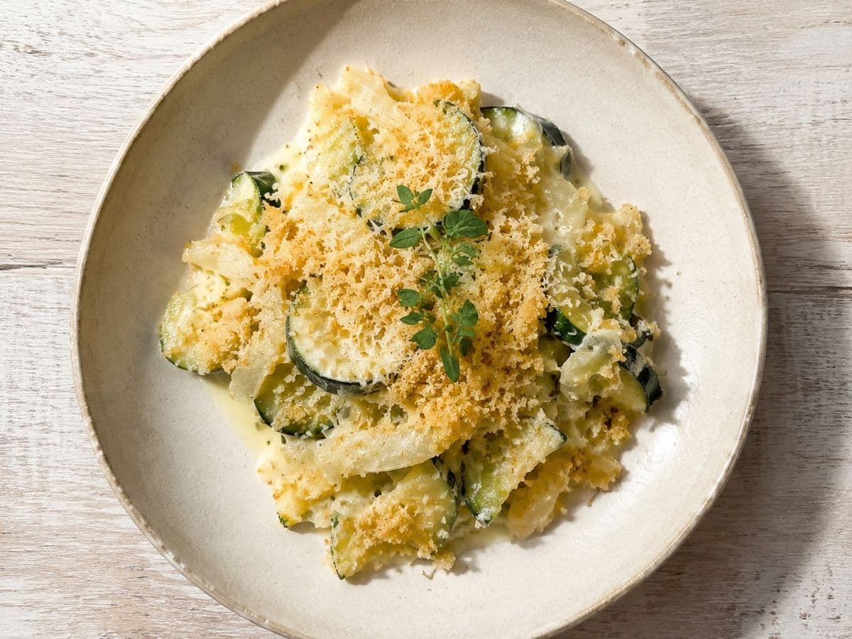 Squash Casserole, plated as one serving.