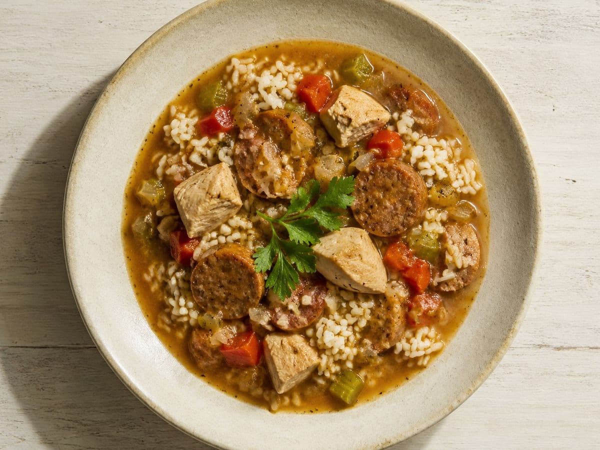 Chicken and Sausage Gumbo, plated as one serving.
