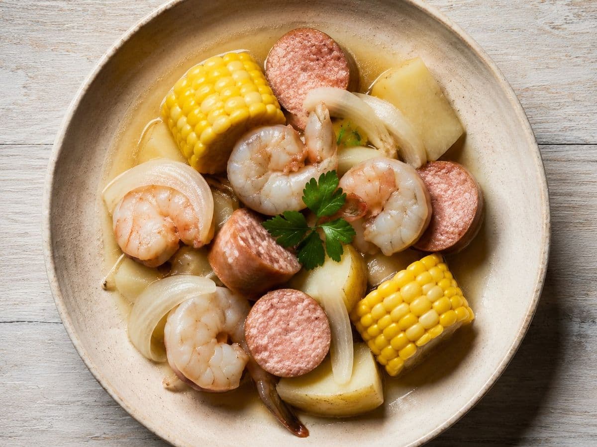 Frogmore Stew, plated as one serving.