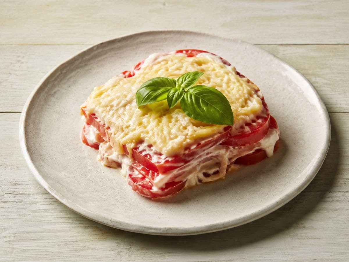 Tomato Pie, plated as one serving.