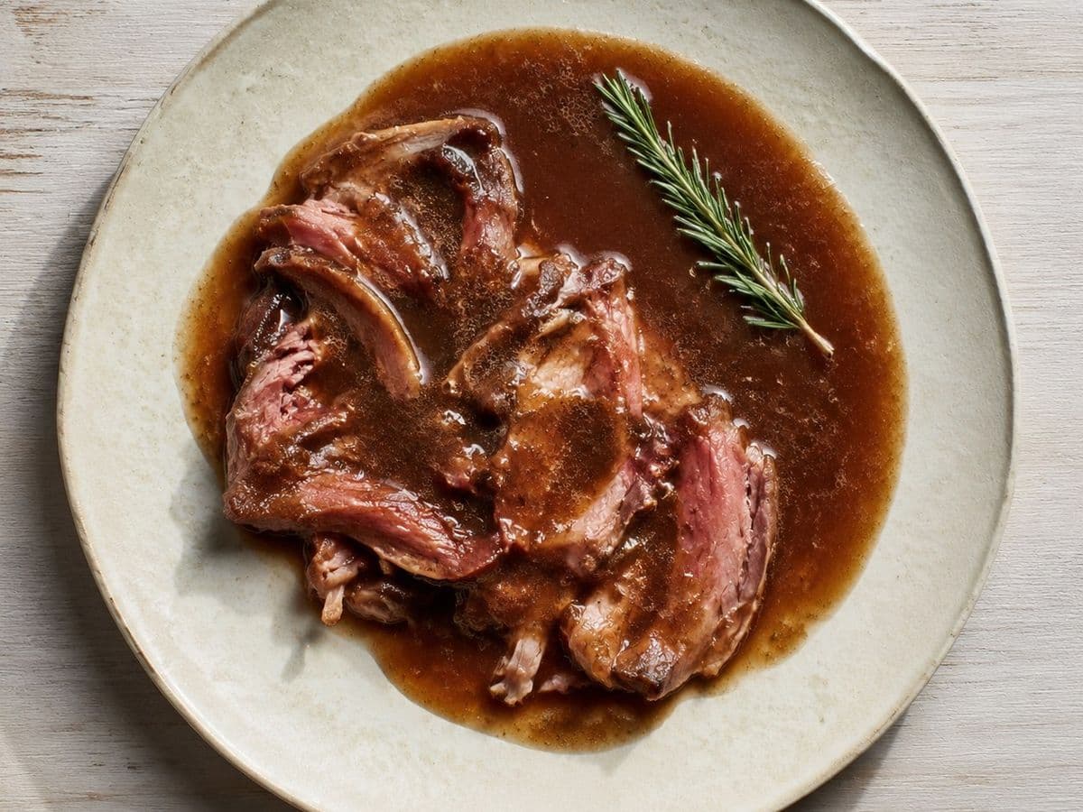 Country Ham with Red-Eye Gravy, plated as one serving.