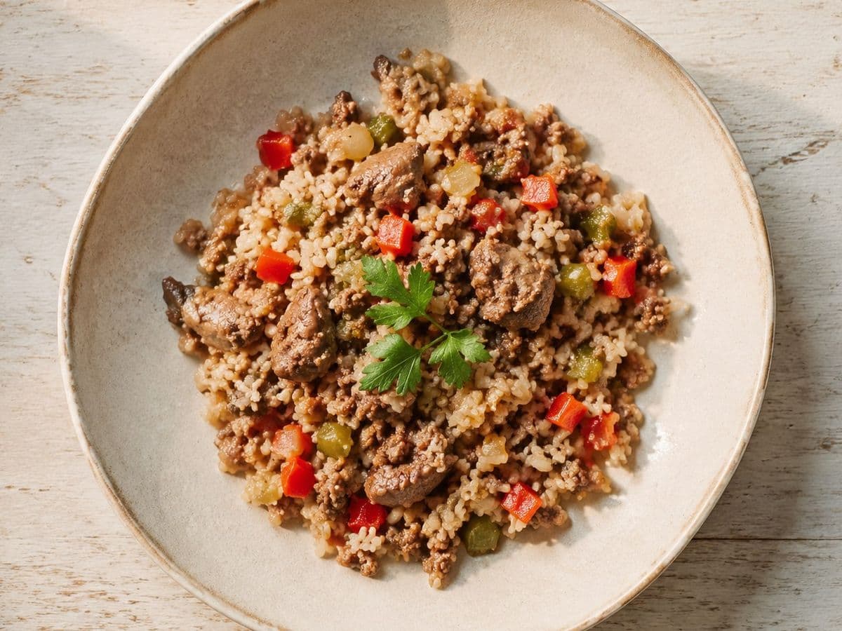 Dirty Rice, plated as one serving.