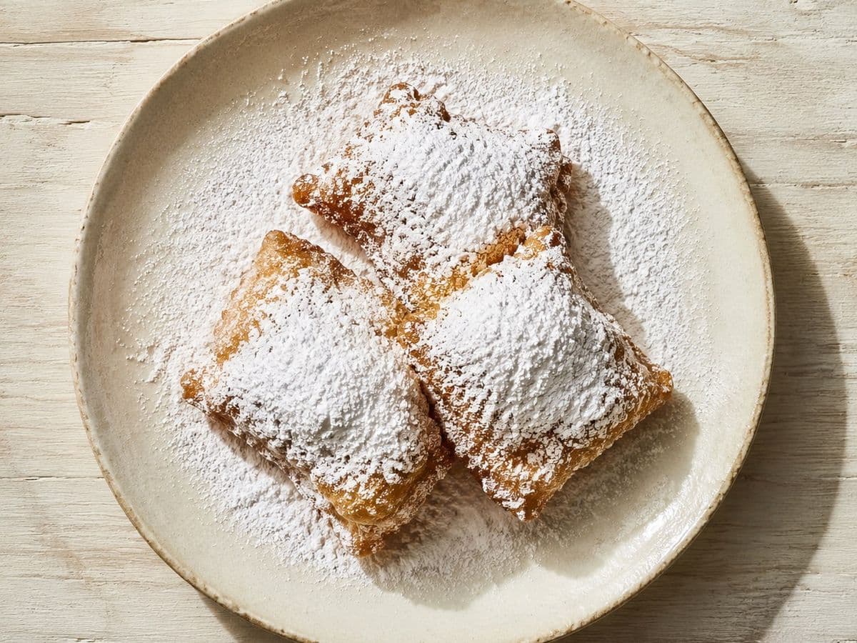 Beignets, plated as one serving.