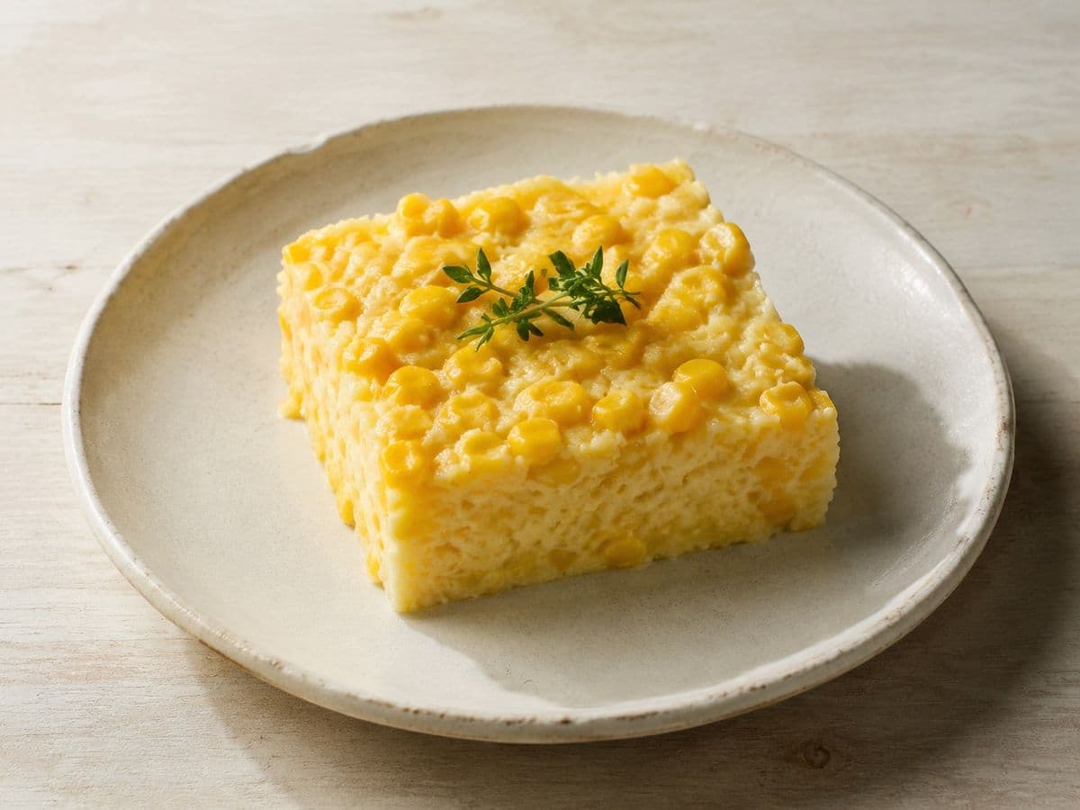 Corn Pudding, plated as one serving.