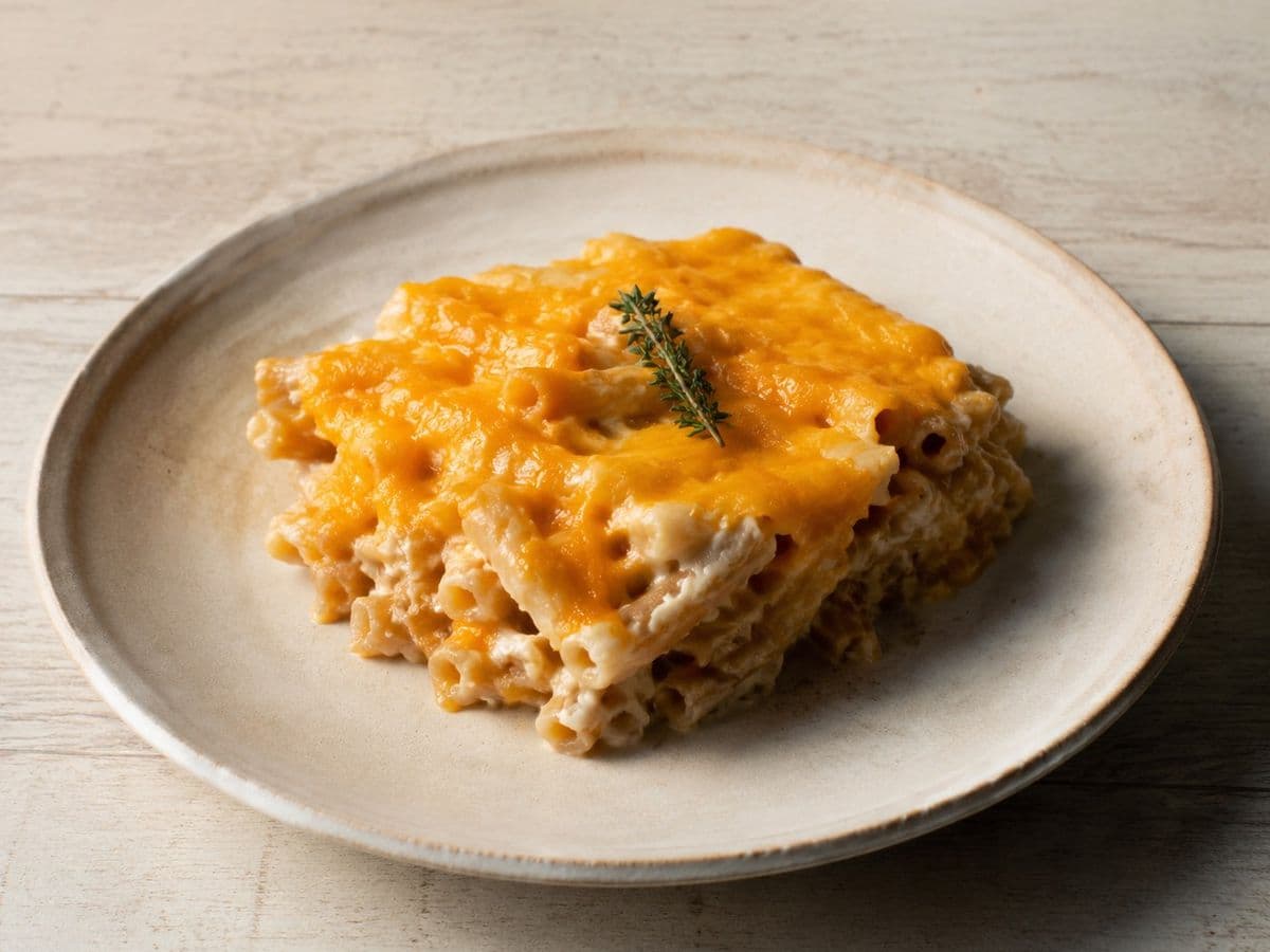 Baked Macaroni and Cheese, plated as one serving.