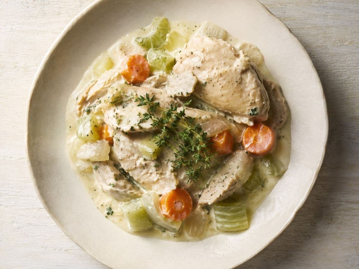 Chicken Fricassee, plated as one serving.