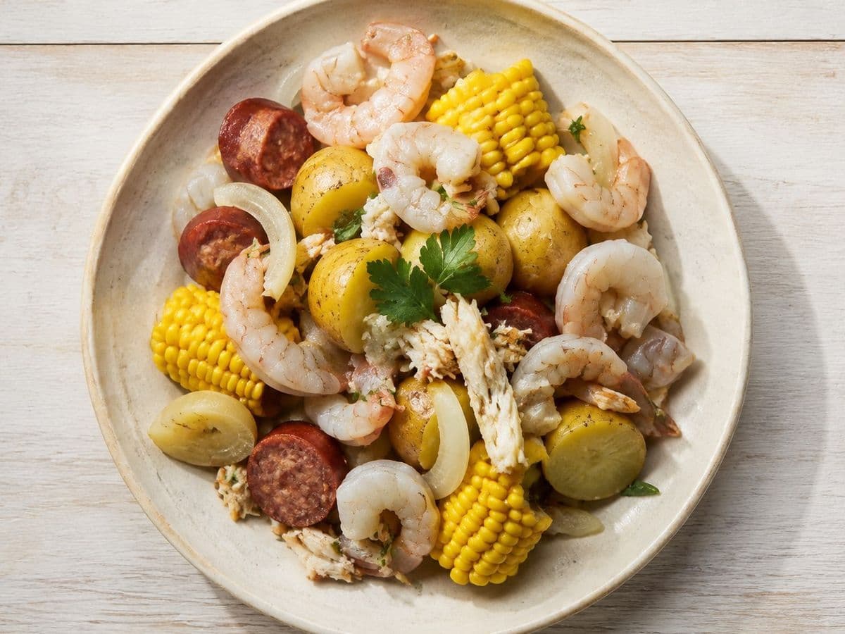Lowcountry Boil, plated as one serving.