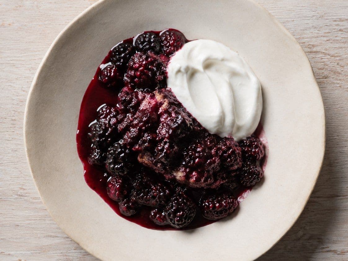 Blackberry Cobbler, plated as one serving.