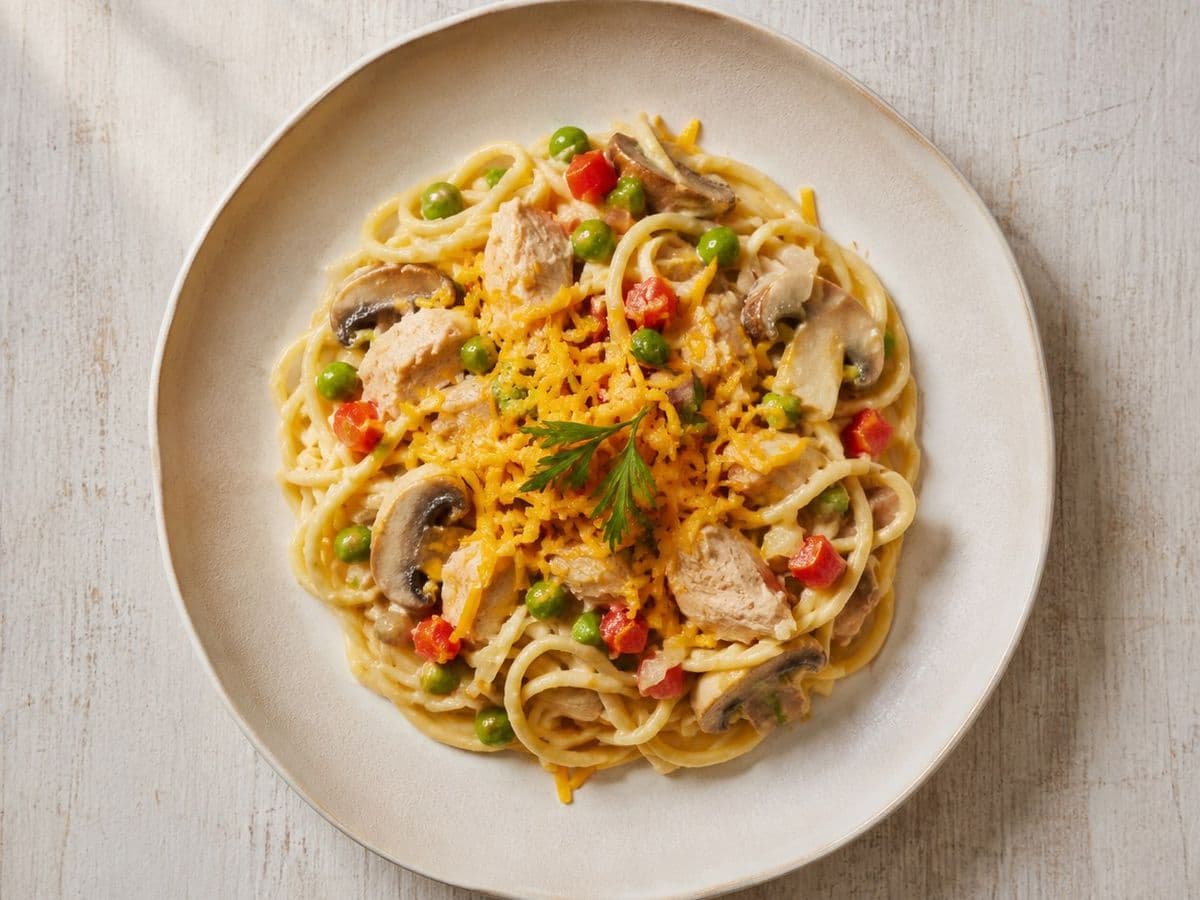 Chicken Spaghetti, plated as one serving.