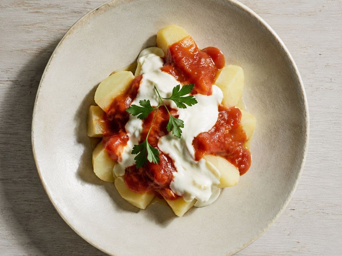 Patatas Bravas, plated as one serving.