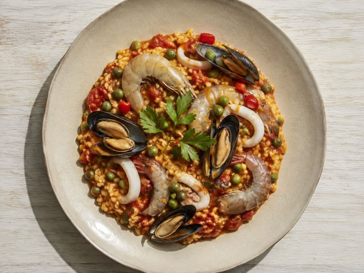 Seafood Paella, plated as one serving.