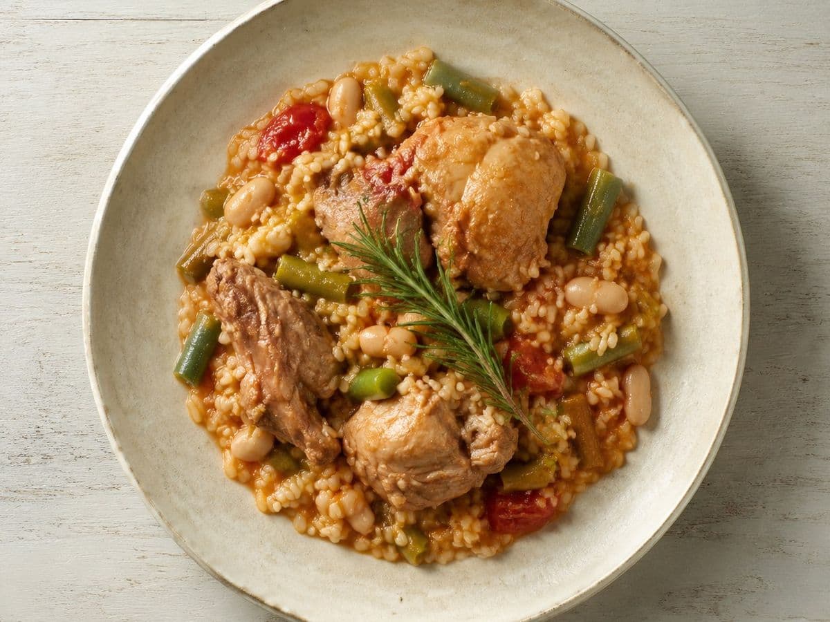 Chicken and Rabbit Paella, plated as one serving.