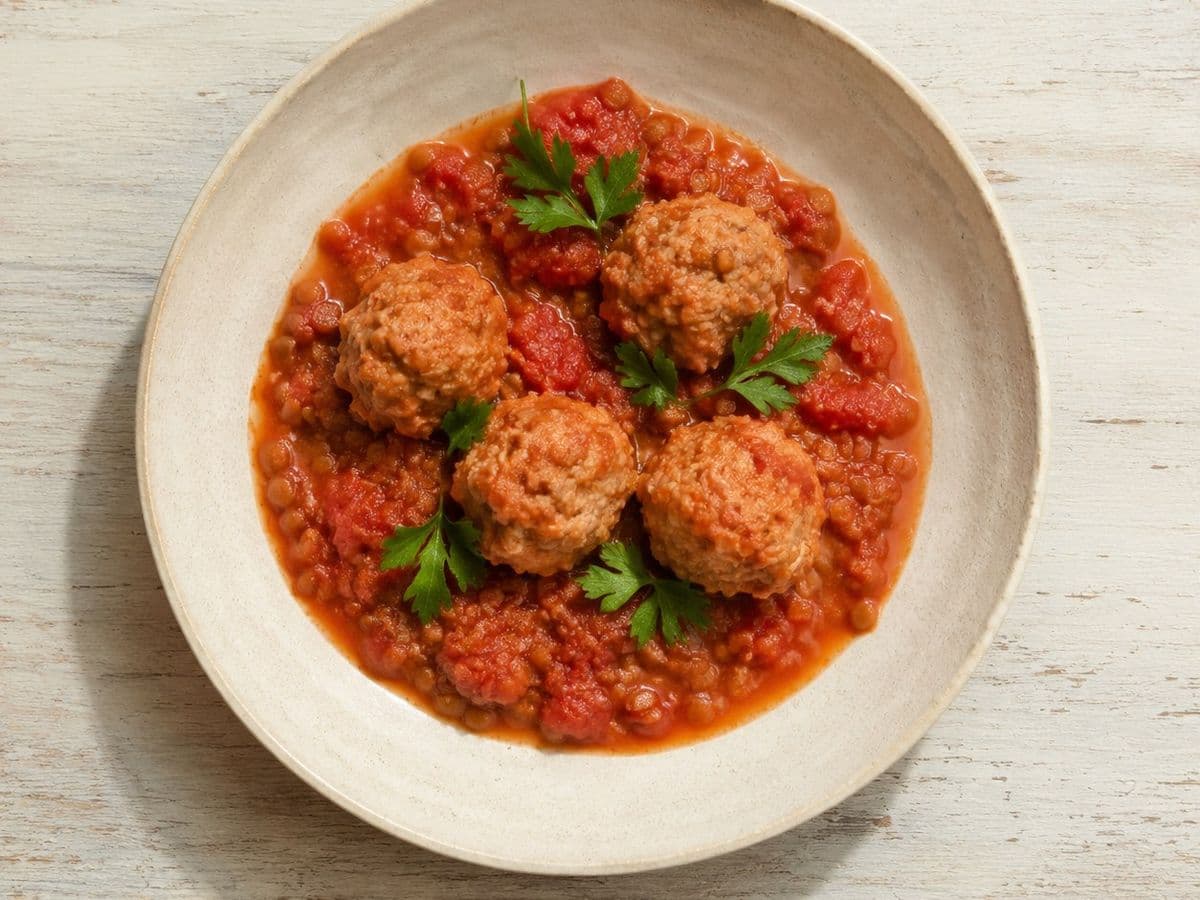 Meatballs in Tomato Sauce, plated as one serving.