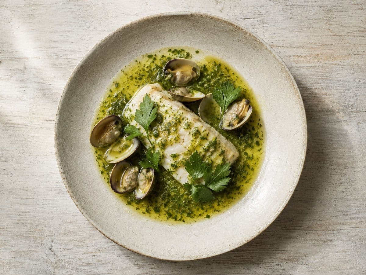 Hake in Green Sauce, plated as one serving.