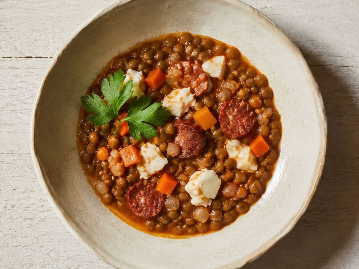 Lentils with Chorizo, plated as one serving.