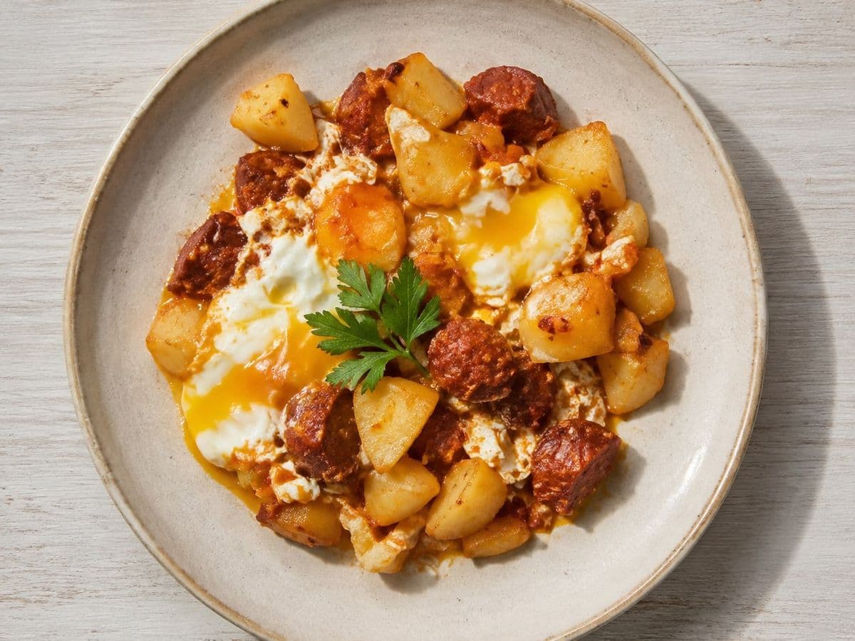 Broken Eggs with Chorizo, plated as one serving.