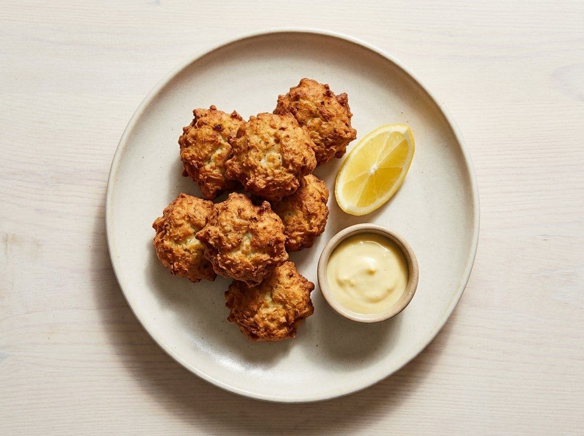 Salt Cod Fritters, plated as one serving.
