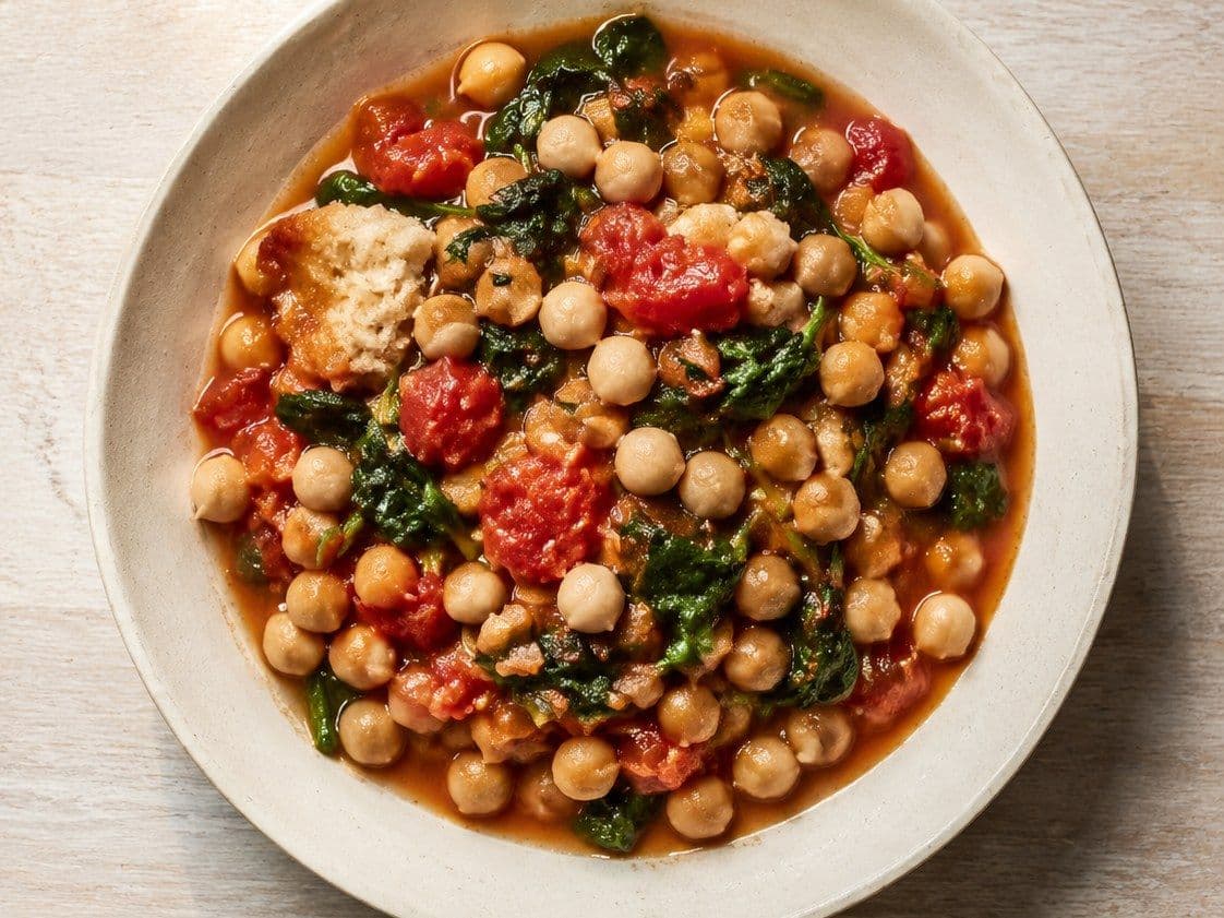 Chickpea and Spinach Stew, plated as one serving.