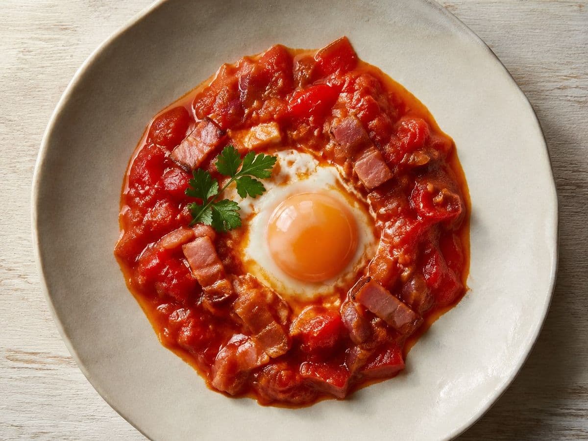 Flamenco Eggs, plated as one serving.