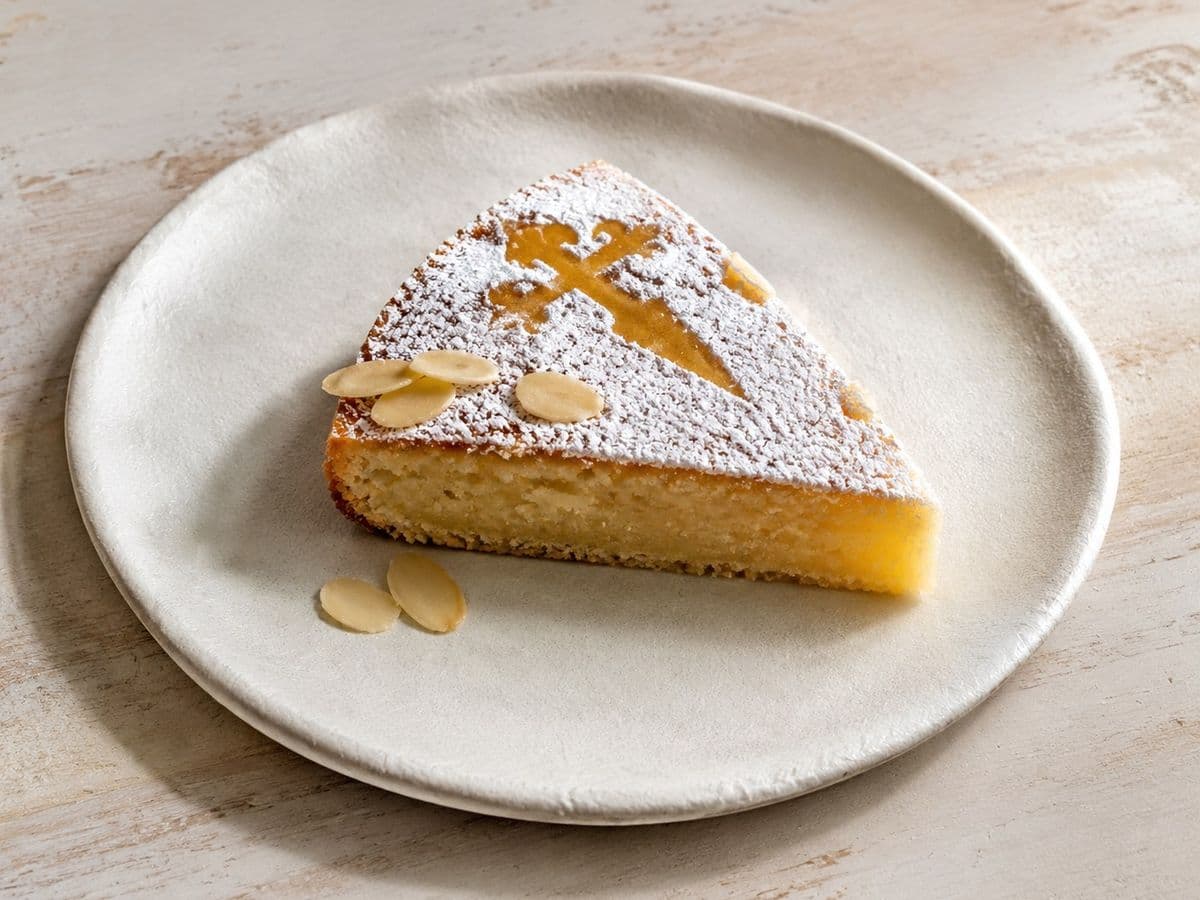 Santiago Almond Cake, plated as one serving.