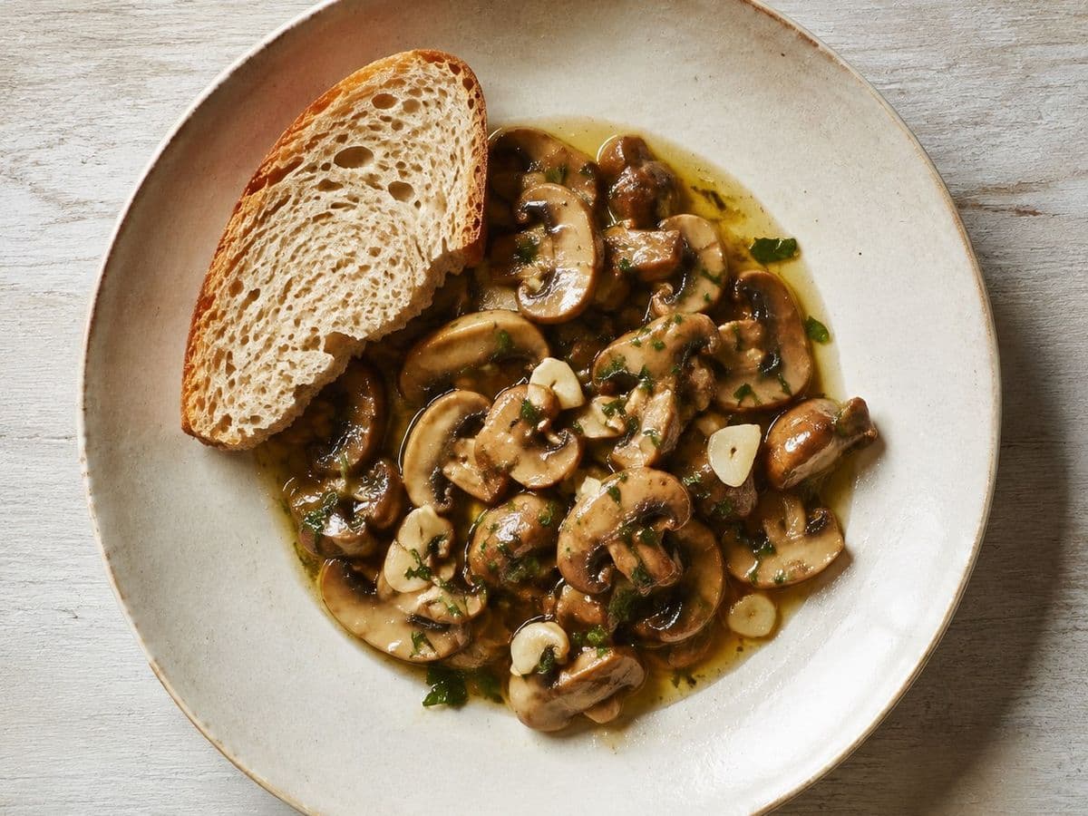 Champiñones al Ajillo, plated as one serving.