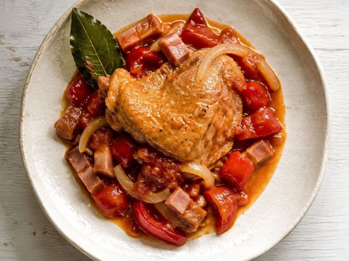 Pollo al Chilindron, plated as one serving.