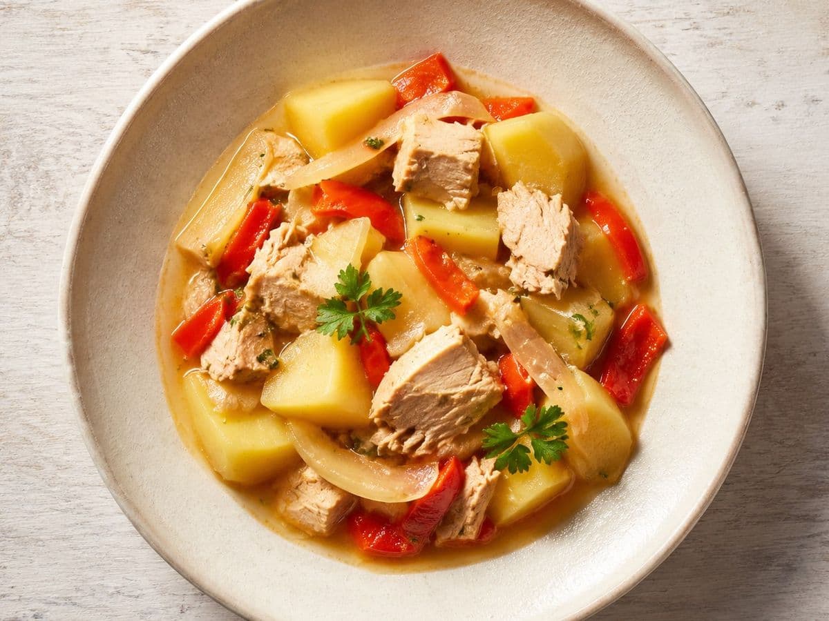 Marmitako, plated as one serving.