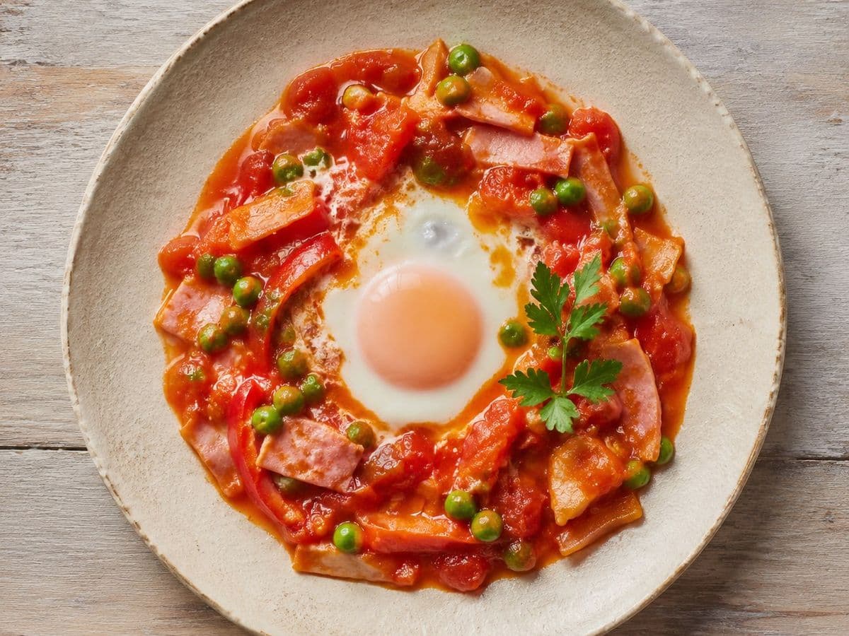 Huevos a la Flamenca, plated as one serving.