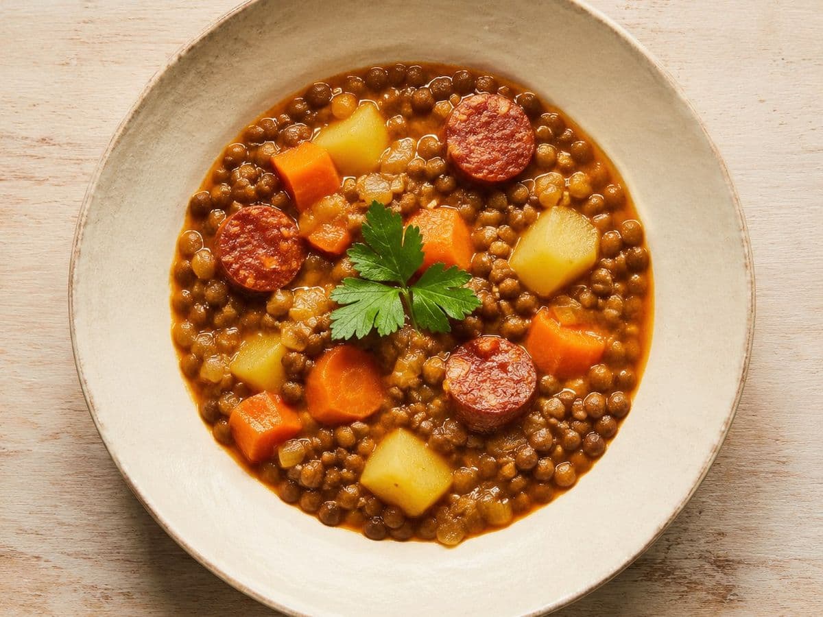 Lentejas con Chorizo, plated as one serving.