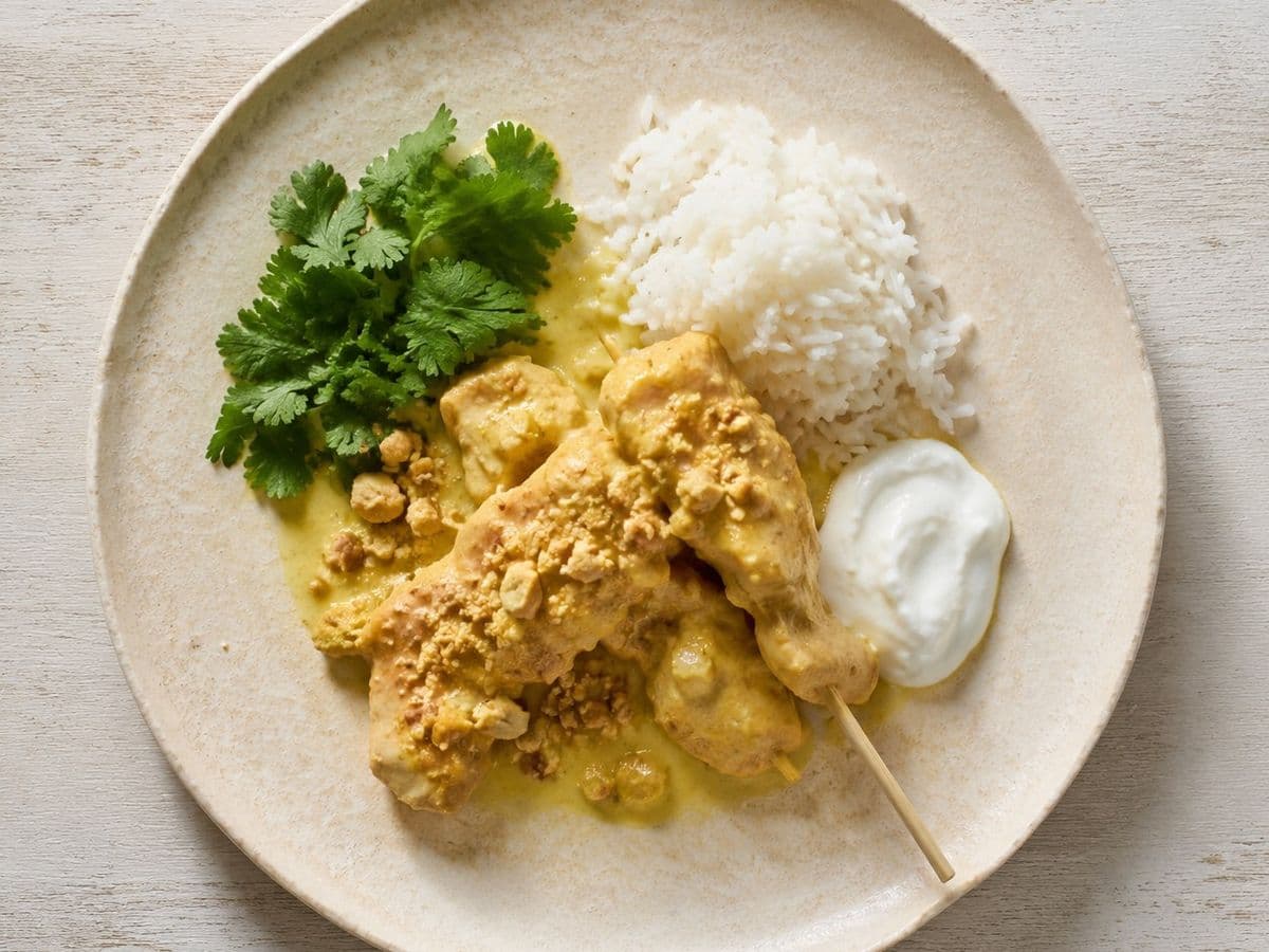 Chicken Satay, plated as one serving.