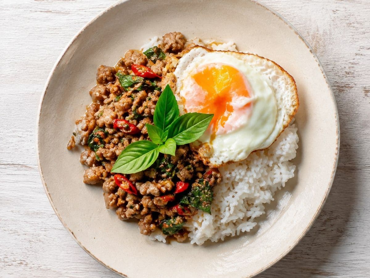 Pad Krapow Moo (Holy Basil Pork), plated as one serving.