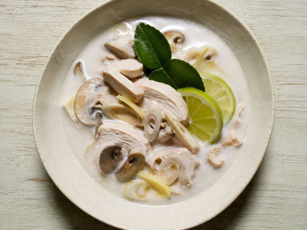 Tom Kha Gai, plated as one serving.