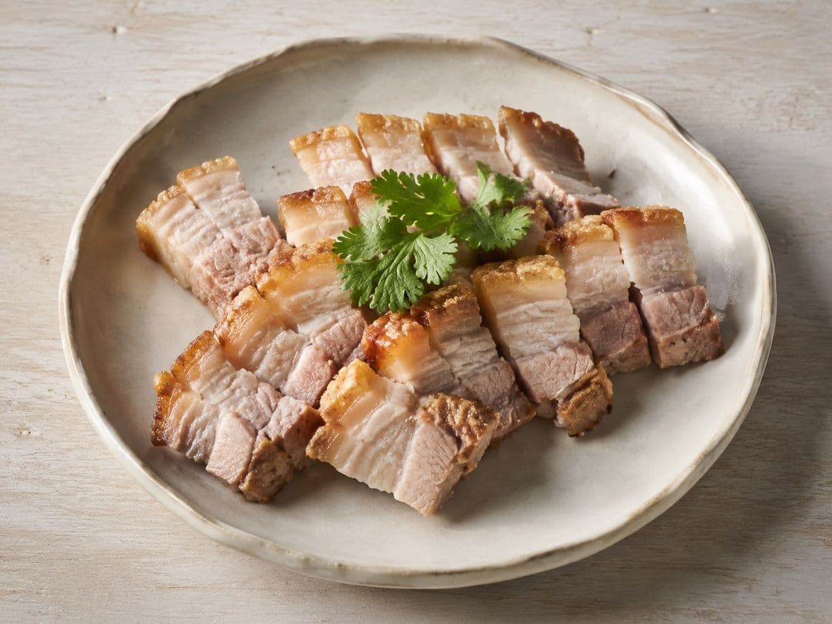 Crispy Pork Belly (Moo Krob), plated as one serving.