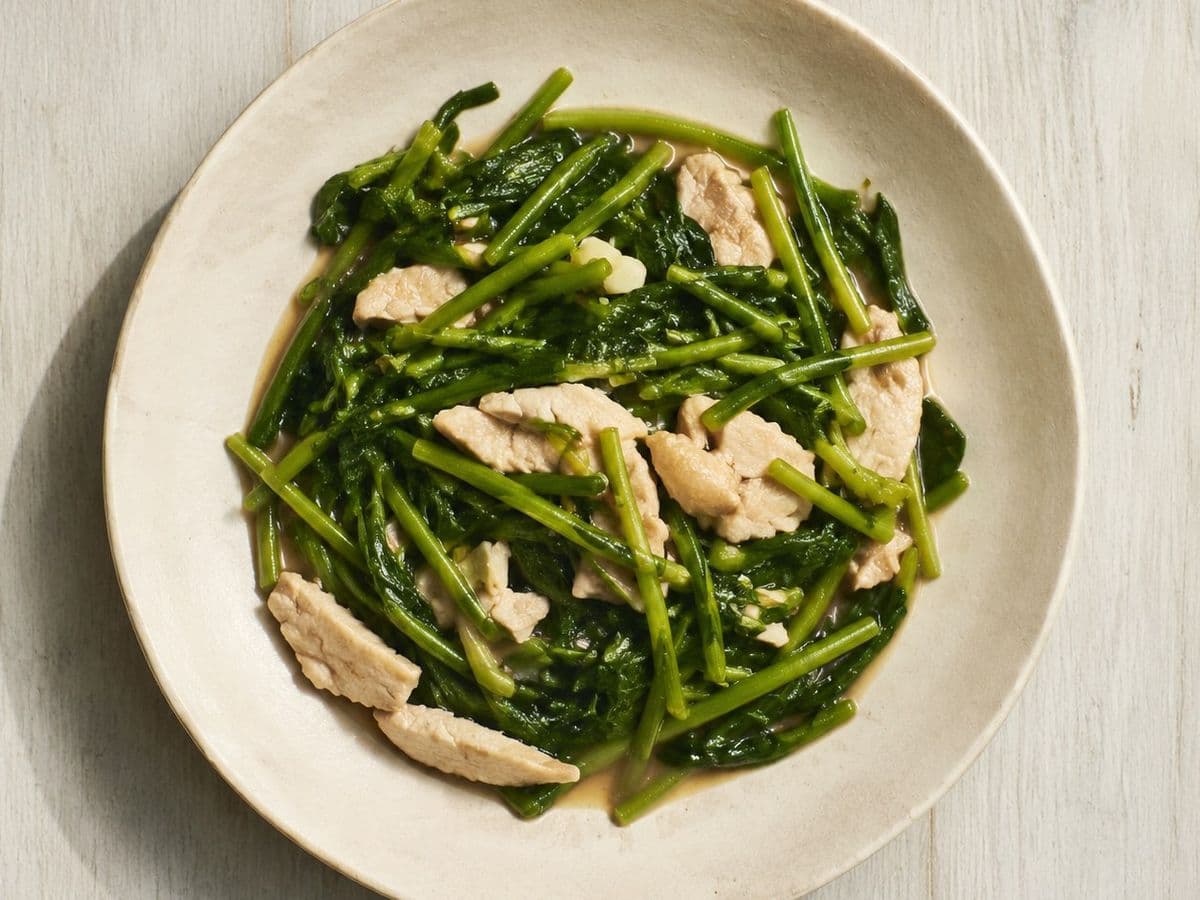 Morning Glory Stir-fry, plated as one serving.