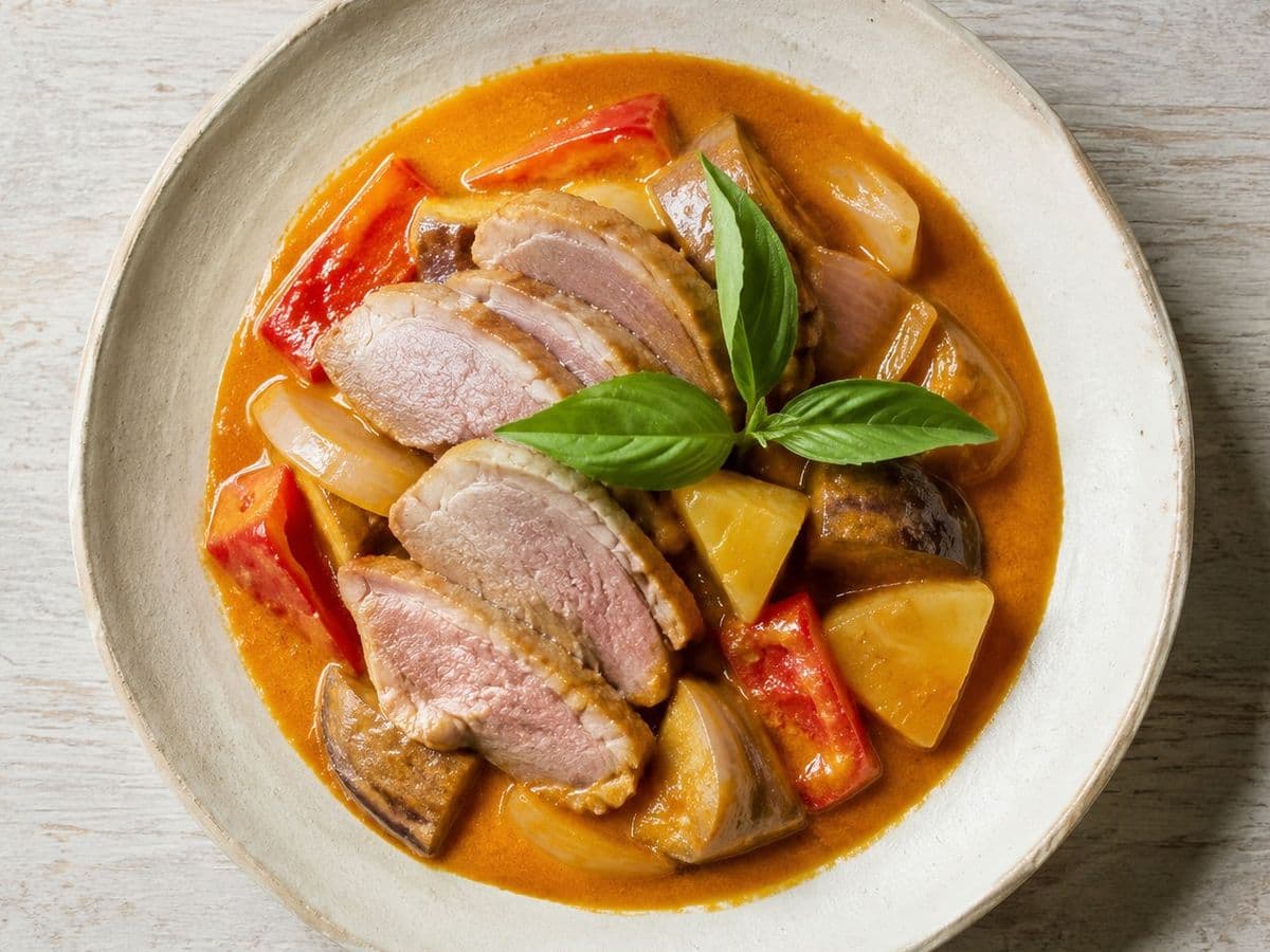 Red Curry with Duck, plated as one serving.