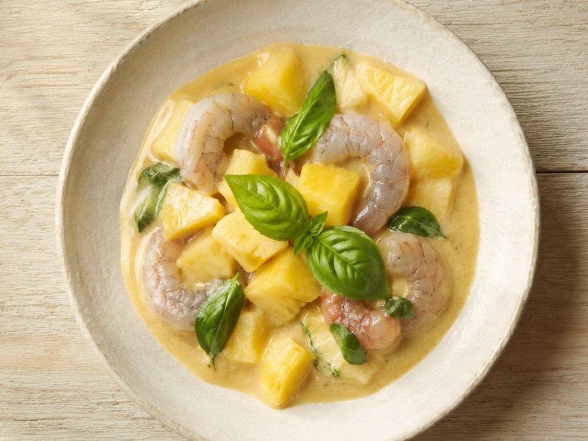 Pineapple Curry with Prawns, plated as one serving.