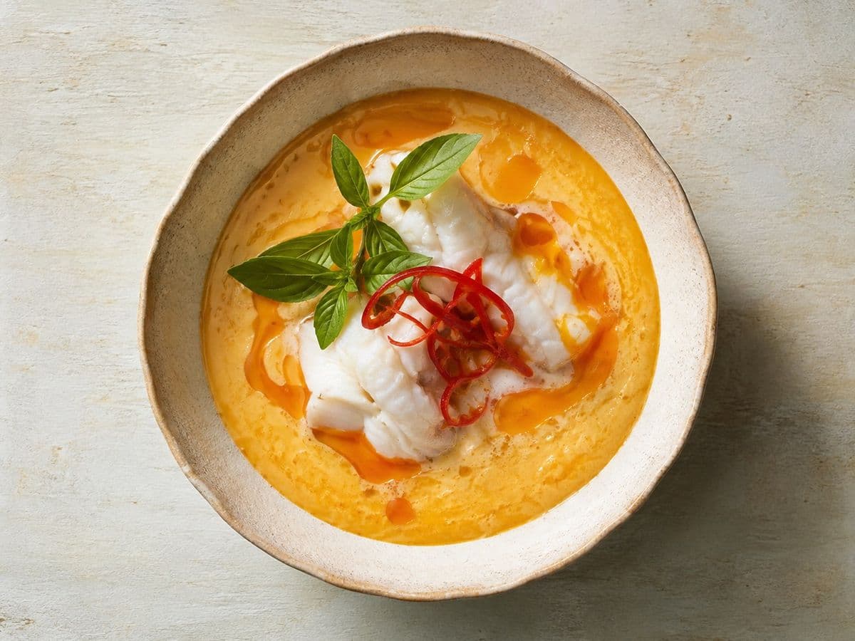 Steamed Fish Curry Custard, plated as one serving.