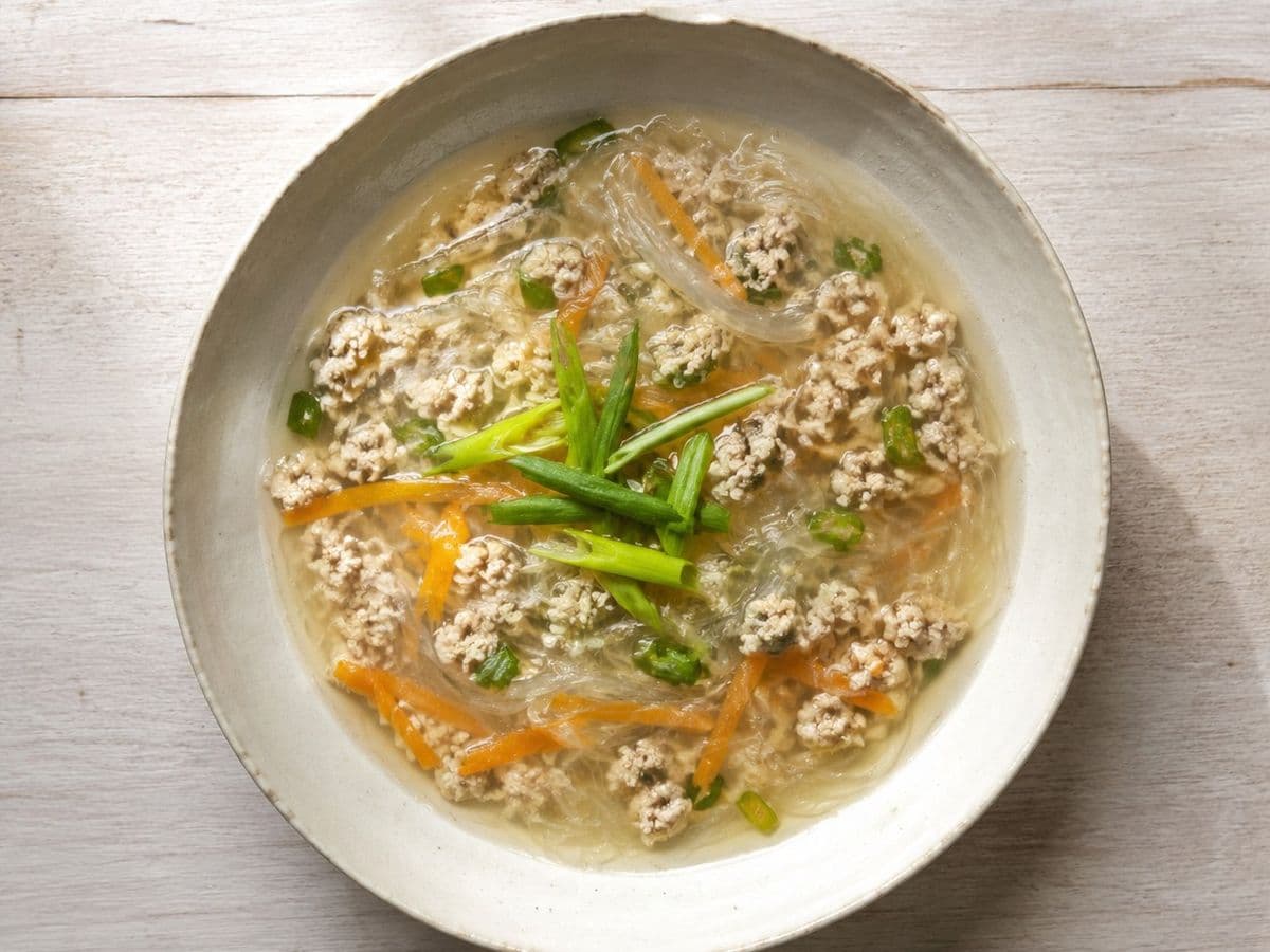 Clear Soup with Glass Noodles, plated as one serving.