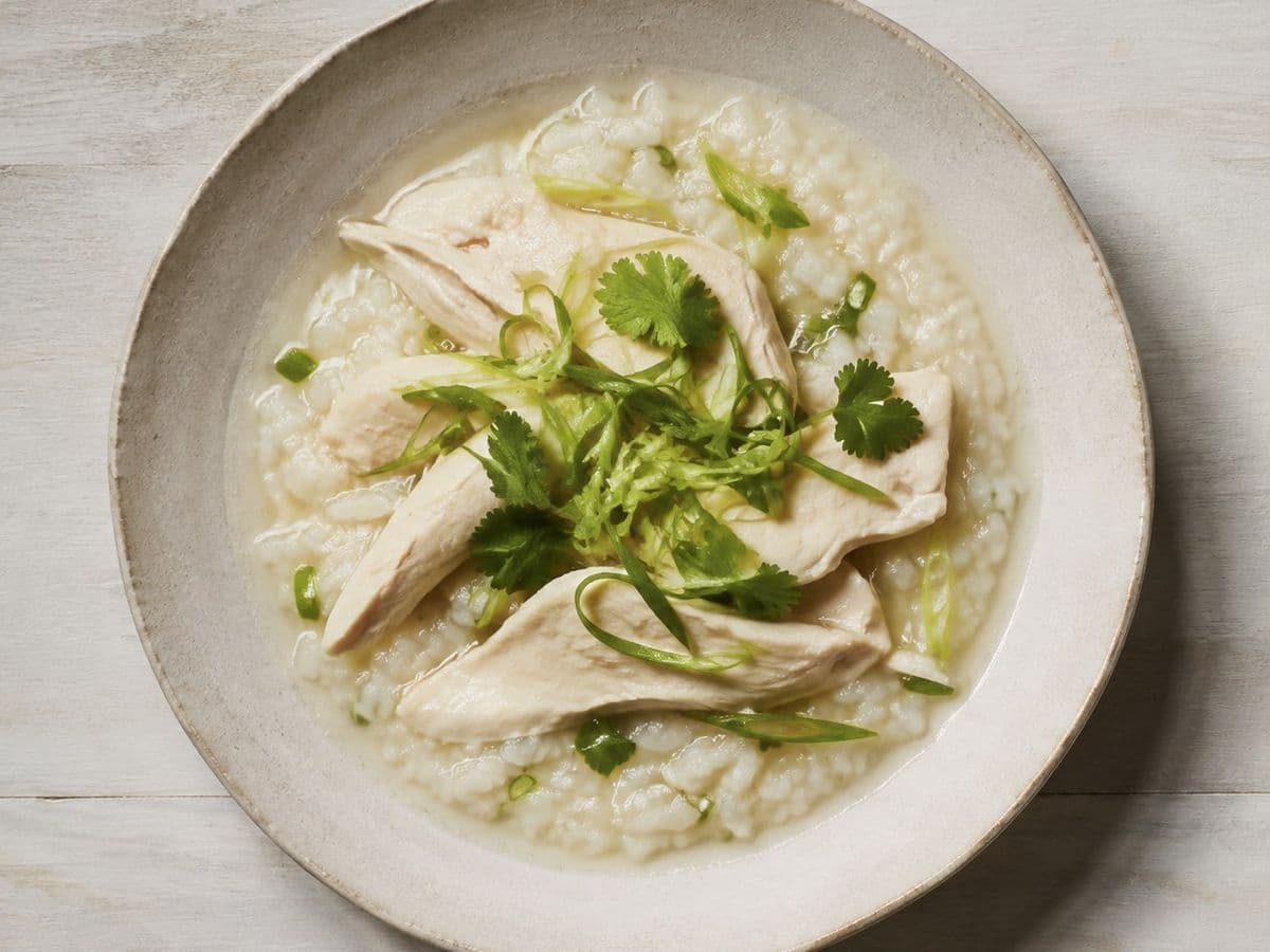 Rice Soup with Chicken, plated as one serving.