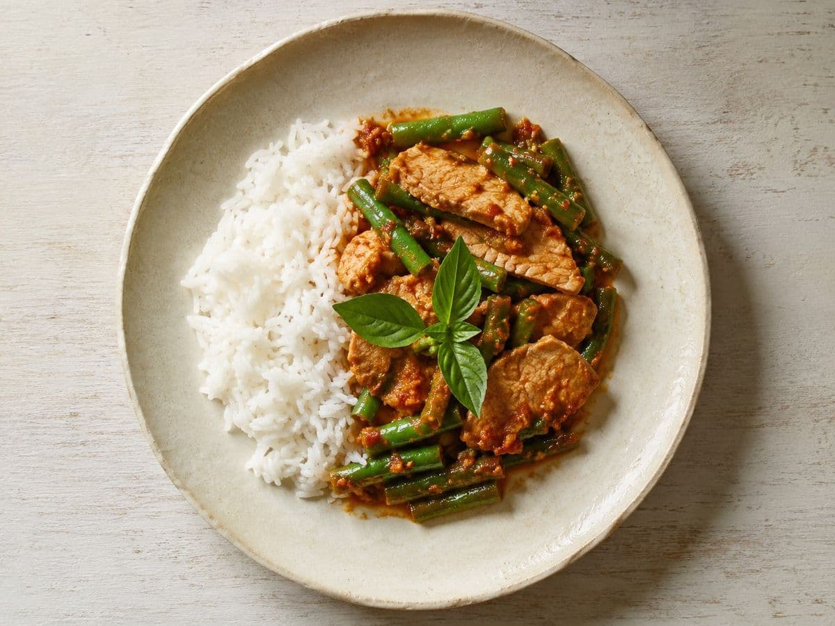 Dry Red Curry with Pork, plated as one serving.