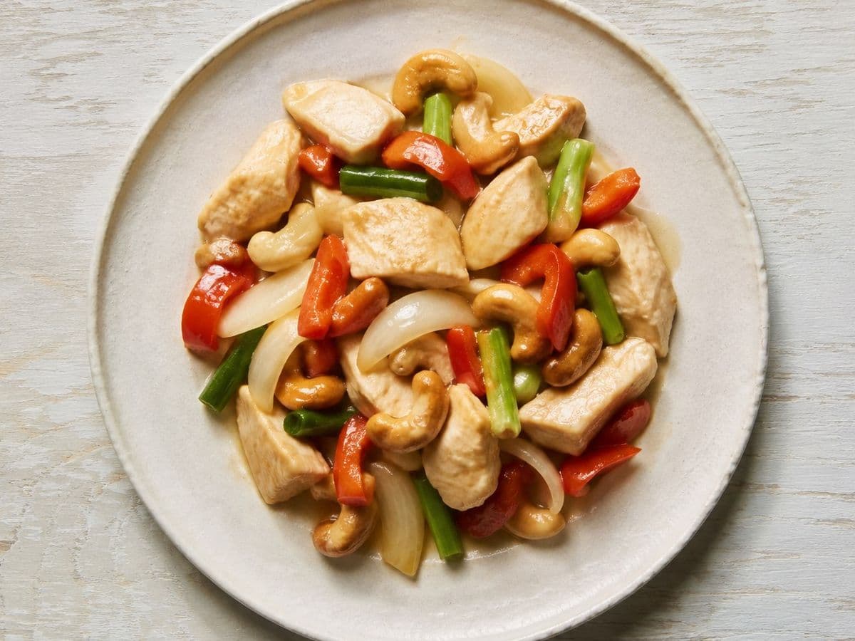 Chicken with Cashew Nuts, plated as one serving.