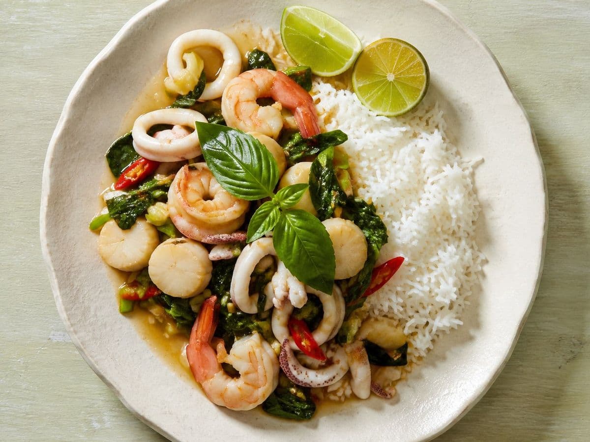 Spicy Seafood Stir-fry, plated as one serving.