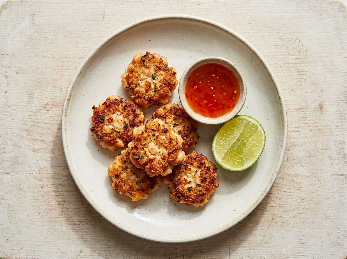 Deep-fried Prawn Cakes, plated as one serving.
