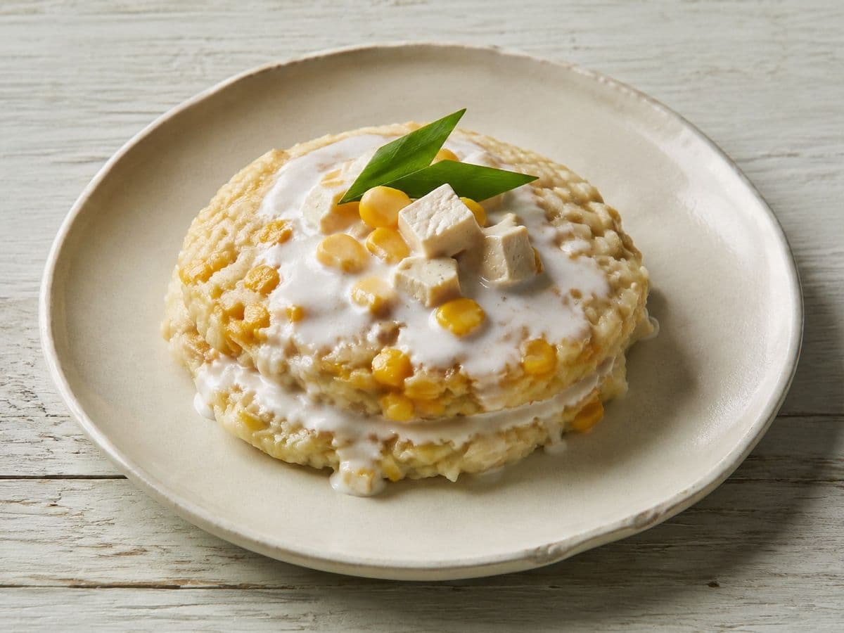Coconut Rice Pancakes, plated as one serving.